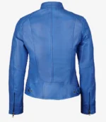Blue leather jacket viewed from the back against a white background. Features include a stand-up collar, defined seams, and zipped cuffs, conveying a sleek, modern look.