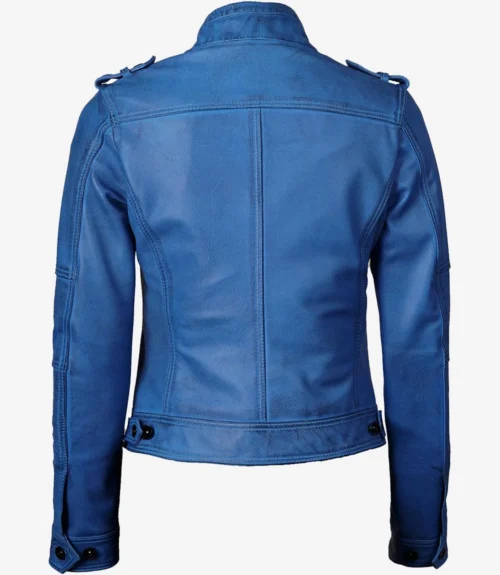 Back view of a royal blue leather jacket with a raised collar, shoulder epaulets, and buttoned cuffs, conveying a sleek and modern style.