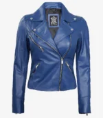 Blue leather jacket with a sleek design, featuring an asymmetrical zipper, multiple pockets, and shiny silver hardware. Edgy and stylish appearance.