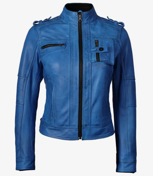 A vibrant blue leather jacket with a front zipper, high collar, and multiple zippered pockets. The sleek design creates a bold, modern look.