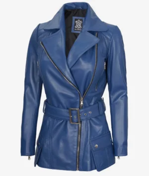 Blue leather jacket with a wide lapel, asymmetric zipper, and belted waist. It has buttoned pockets and a sleek, bold, and stylish look.