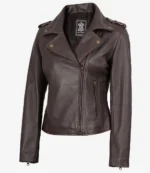 A stylish dark brown leather jacket with a sleek finish. It features a classic asymmetrical zipper, shoulder epaulettes, and zippered pockets. The jacket exudes a cool, edgy vibe.