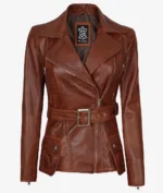 Brown leather jacket with a wide lapel, asymmetrical zipper, and a belted waist. Features side pockets with snap closures and a leather tag inside.