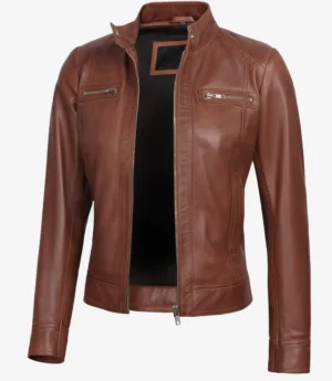 Brown leather jacket with a front zipper, two zippered chest pockets, and a stand collar. The jacket is open, showing the black interior lining.
