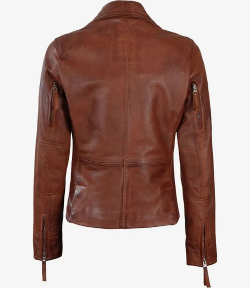 Brown leather jacket viewed from the back, displaying a smooth texture, simple seams, and zippers on the sleeves. The style is sleek and classic.