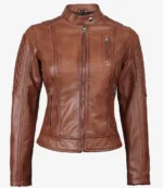 Brown leather jacket with a high collar and zip-up front. Features quilted details on shoulders and sleeves, with a sleek, fitted design.