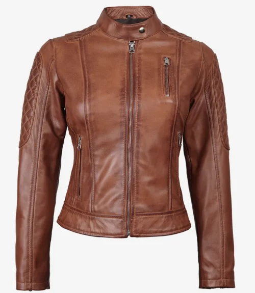 Brown leather jacket with a high collar and zip-up front. Features quilted details on shoulders and sleeves, with a sleek, fitted design.