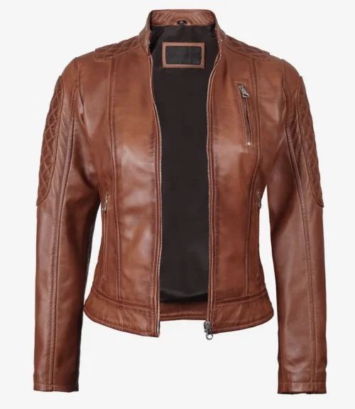 Brown leather jacket with quilted shoulders and zippered pockets, open to reveal a black interior. The jacket has a sleek, stylish design.