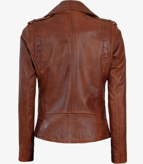 Brown leather jacket shown from the back, featuring a smooth texture and structured seams. The jacket has a sleek, classic motorcycle style.