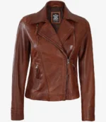 Brown leather jacket with an asymmetrical zipper, wide lapels, and two zippered pockets. The texture is smooth, conveying a stylish, rugged feel.