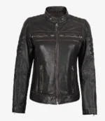 Black leather jacket with a high collar, front zipper, and multiple pockets. The design includes ribbed details on shoulders and sleeves. Stylish and edgy.