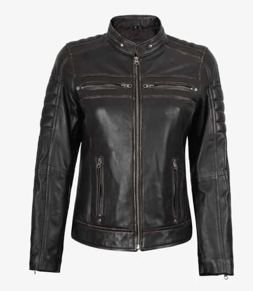 Black leather jacket with a high collar, front zipper, and multiple pockets. The design includes ribbed details on shoulders and sleeves. Stylish and edgy.