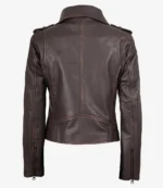 Brown leather jacket viewed from the back, featuring a high collar, stitched detailing, shoulder straps, and zippers on the cuffs, on a plain background.