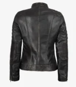 Back view of a black leather jacket with detailed stitching and ribbed elbow patches. The jacket has a sleek, modern design with a sturdy appearance.