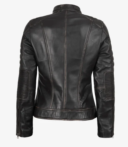 Back view of a black leather jacket with detailed stitching and ribbed elbow patches. The jacket has a sleek, modern design with a sturdy appearance.