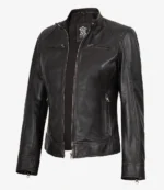 A sleek black leather jacket with a zipper front, chest pockets, and a modern collar. The jacket conveys a stylish and edgy tone.