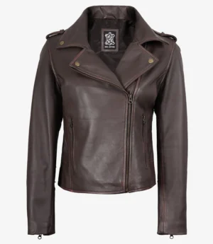 Brown leather jacket with a stylish asymmetrical zipper design. Features a collar, shoulder epaulettes, and zipped pockets, exuding a rugged elegance.