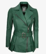 Green leather jacket with asymmetric front zipper, wide lapels, belted waist, and snap-button pockets, exuding a stylish and bold look.