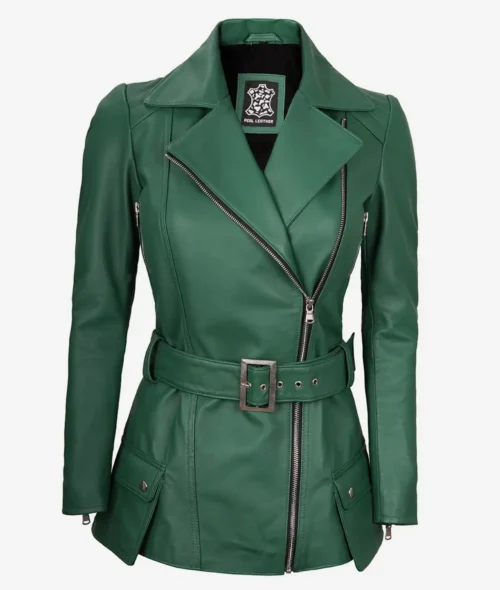 Green leather jacket with asymmetric front zipper, wide lapels, belted waist, and snap-button pockets, exuding a stylish and bold look.