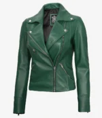 Green leather biker jacket with silver zippers and snap buttons. The jacket has a stylish, modern design with an asymmetrical front zip.