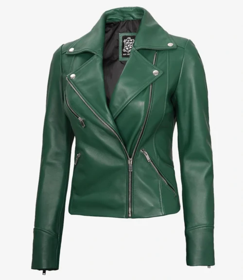 Green leather biker jacket with silver zippers and snap buttons. The jacket has a stylish, modern design with an asymmetrical front zip.