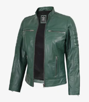 Green leather jacket with a sleek design, featuring front zippers and pockets. The jacket has a modern, edgy look, exuding a stylish and bold vibe.