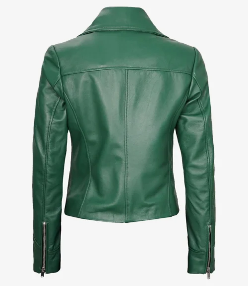 Green leather jacket displayed from the back, featuring a sleek design with zippers on the cuffs. The garment conveys a stylish, modern aesthetic.