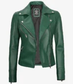 Green leather jacket with silver zippers and buttons on a white background. The design is fitted with a wide collar, exuding a bold, stylish vibe.