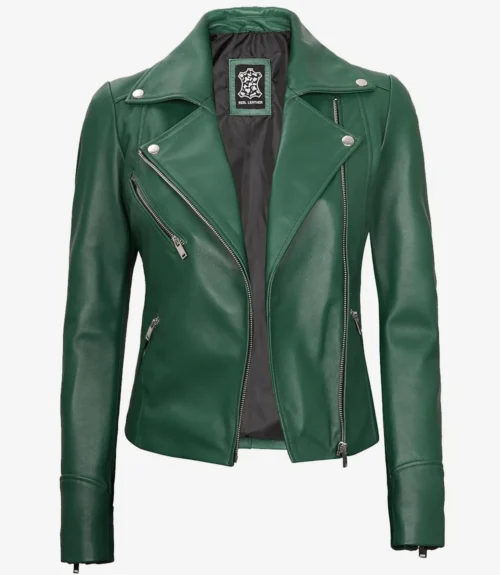 Green leather jacket with silver zippers and buttons on a white background. The design is fitted with a wide collar, exuding a bold, stylish vibe.