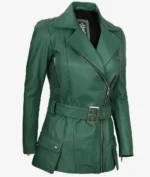 Green leather jacket with a wide collar, asymmetrical front zipper, and cinched waist belt. Features silver accents and a pocket with a snap.