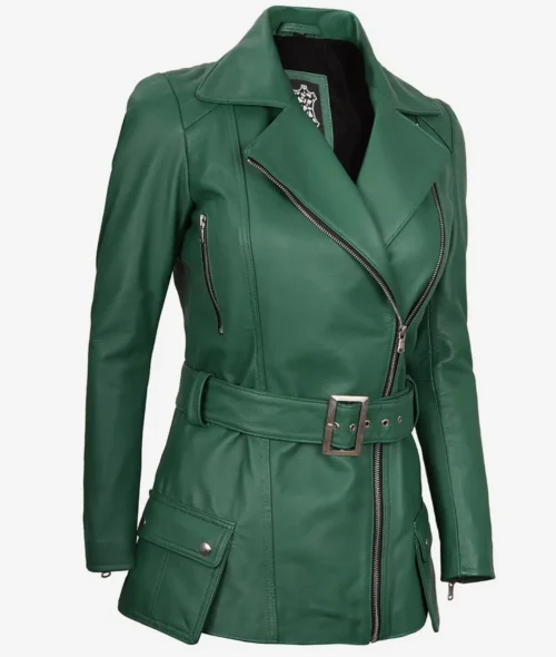 Green leather jacket with a wide collar, asymmetrical front zipper, and cinched waist belt. Features silver accents and a pocket with a snap.