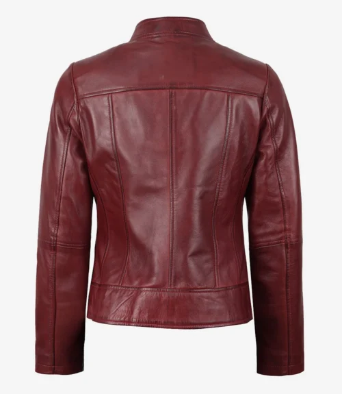 Back view of a maroon leather jacket. The jacket features clean stitching lines and a sleek, classic design, exuding a chic style.