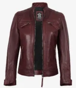 Burgundy leather jacket with a stand-up collar, front zipper, and multiple pockets. The jacket exudes a sleek, stylish, and modern look.