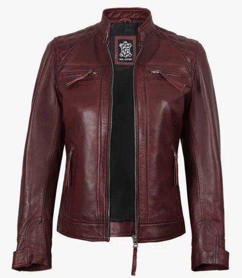 Burgundy leather jacket with a stand-up collar, front zipper, and multiple pockets. The jacket exudes a sleek, stylish, and modern look.