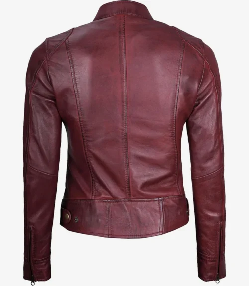 Back view of a sleek, red leather jacket with a high collar and fitted design. The jacket has detailed stitching and button accents, conveying a stylish and edgy vibe.