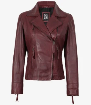 Maroon leather jacket with a front zipper and two zippered pockets. It has a classic biker style, exuding a bold and stylish vibe.