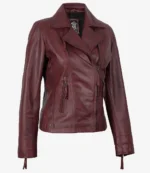 A stylish maroon leather jacket with an asymmetrical zipper and a sleek, fitted design. It has a notched collar and zippered pockets, exuding a bold, chic vibe.
