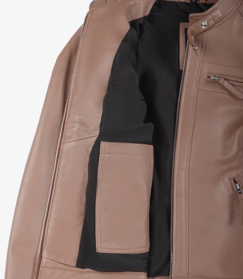 Brown leather jacket partially unzipped, revealing a black interior lining and an inside pocket on the left. The surface is smooth and polished.