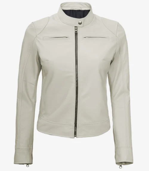 White leather jacket with a sleek design, featuring a front zipper, two chest pockets, and a high collar with a button closure, exuding elegance and style.