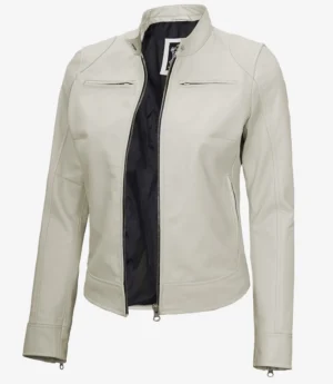 Beige leather jacket with a standing collar and open front, featuring stitched detailing and zipped chest pockets. The interior lining is dark.