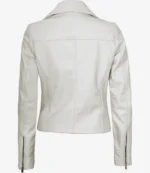Back view of a sleek white leather jacket featuring a collar and zippered sleeves. The smooth material and fitted cut create a stylish, modern look.