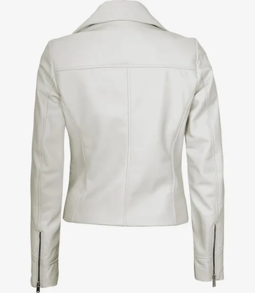 Back view of a sleek white leather jacket featuring a collar and zippered sleeves. The smooth material and fitted cut create a stylish, modern look.