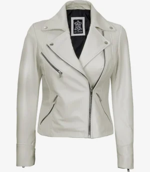 White leather jacket with a fitted silhouette, featuring an asymmetrical zip closure, zippered pockets, and a notched collar. Stylish and modern look.