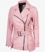 A stylish pink leather jacket with a fitted design, featuring a diagonal silver zipper, zippered pockets, and a belted waist. The look is chic and bold.