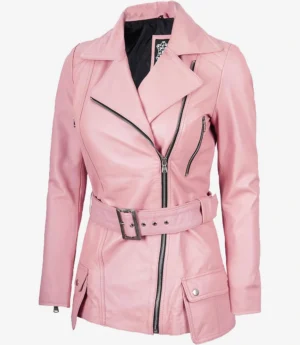A stylish pink leather jacket with a fitted design, featuring a diagonal silver zipper, zippered pockets, and a belted waist. The look is chic and bold.
