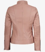 Back view of a pink leather jacket featuring ribbed detailing on the elbows and zippered cuffs, conveying a stylish and modern look.