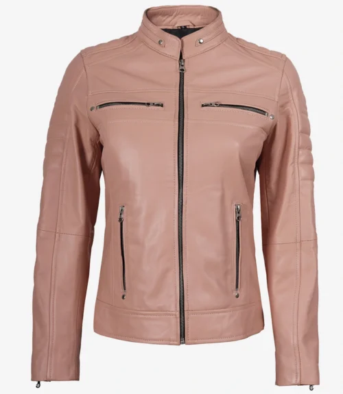 Blush pink leather jacket with a high collar and zippered front. Features zippered pockets and stitched shoulder detailing. Stylish and sleek design.
