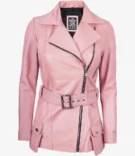 Pink leather jacket with asymmetric zipper, wide lapels, and belted waist. Features buttoned front pockets, conveying a trendy and edgy style.