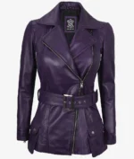 A stylish purple leather jacket with a belted waist, asymmetric zipper, and wide lapels. It exudes a bold and edgy vibe, conveying modern elegance.
