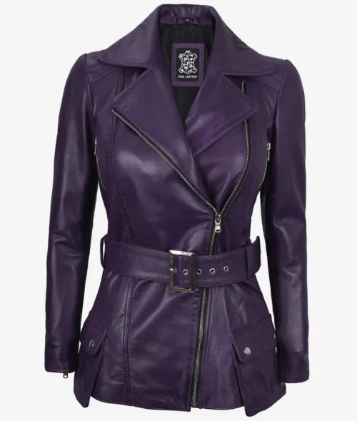 A stylish purple leather jacket with a belted waist, asymmetric zipper, and wide lapels. It exudes a bold and edgy vibe, conveying modern elegance.